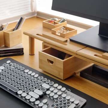 ROCDEER Dual Monitor Stand Riser with Drawer for Desk Laptop Desk Shelf with Adjustable Length and Angle, Bamboo Computer Stand Riser for 2 or 3 Monitors Screen Laptop PC TV -Natural