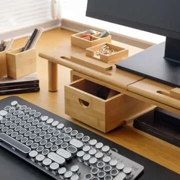 ROCDEER Dual Monitor Stand Riser with Drawer for Desk Laptop Desk Shelf with Adjustable Length and Angle, Bamboo Computer Stand Riser for 2 or 3 Monitors Screen Laptop PC TV -Natural