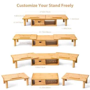 ROCDEER Dual Monitor Stand Riser with Drawer for Desk Laptop Desk Shelf with Adjustable Length and Angle, Bamboo Computer Stand Riser for 2 or 3 Monitors Screen Laptop PC TV -Natural