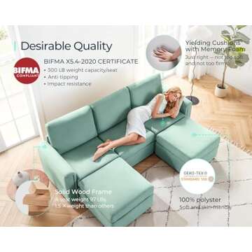 LINSY HOME Modular Sectional Sofa, Convertible L Shaped Sofa Couch with Storage, Modular Sectionals with Ottomans, Small Sofa Couch with Chaise for Small Space, Living Room, Teal