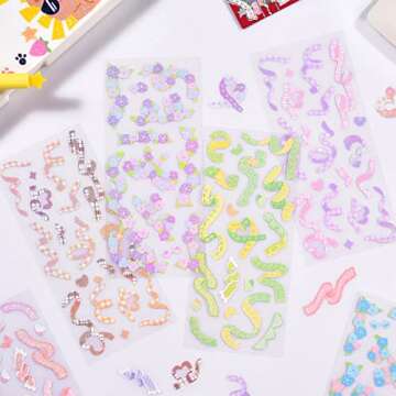 12 Sheets Korean Deco Stickers Set, DIY Colorful Glitter Self Adhesive Stickers with Ribbon Flower S...
