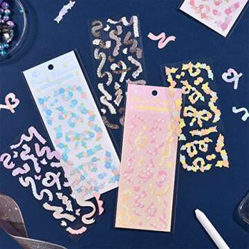 12 Sheets Korean Deco Stickers Set, DIY Colorful Glitter Self Adhesive Stickers with Ribbon Flower Style, Kpop Potocard Korean Stickers, Cute Stickers for Scrapbook Card DIY Craft Kids (Flower-12PCS)