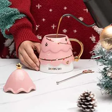 BLUEPOLARLIFE Coffee Mugs Cute Christmas Gifts: Solid Ceramic Coffee Mug with Lid & Stirrers - 16oz Large Coffee Mugs Kawaii Christmas Gifts for Mom Lovers Women Men Kids（Pink）