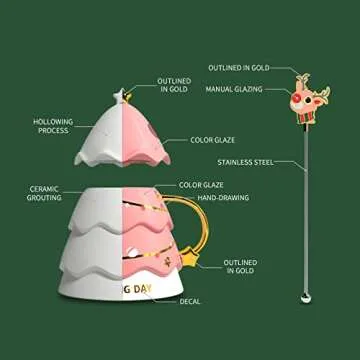 BLUEPOLARLIFE Coffee Mugs Cute Christmas Gifts: Solid Ceramic Coffee Mug with Lid & Stirrers - 16oz Large Coffee Mugs Kawaii Christmas Gifts for Mom Lovers Women Men Kids（Pink）