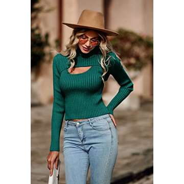 PRETTYGARDEN Women's 2025 Fashion Fall Clothes 2 Piece Cutout Tops Long Sleeve Mock Neck Rib Knit Winter Pullover Sweater (Lake Green,Medium)