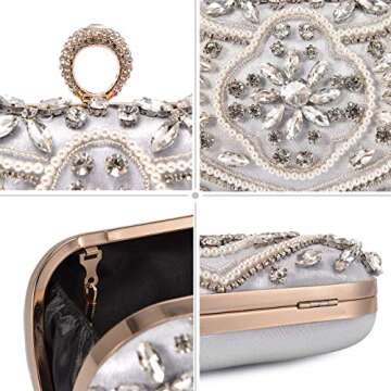 UBORSE Beaded Crystal Clutch Purses for Women Evening Handbags Formal Rhinestone Wedding Purse Prom Cocktail Party Bag Silver