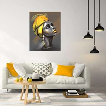 LB Framed African American Women Canvas Wall Art Black Woman Yellow Hair Beauty Abstract Painting Ca...