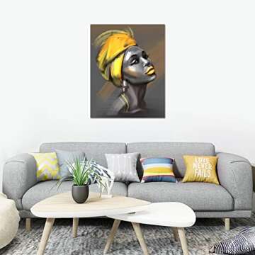 LB Framed African American Women Canvas Wall Art Black Woman Yellow Hair Beauty Abstract Painting Canvas Prints Living Room Bedroom Bathroom Home Decoration Ready to Hang,12x16 inch