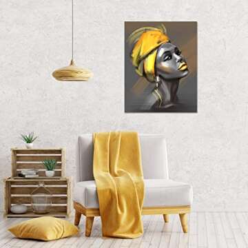 LB Framed African American Women Canvas Wall Art Black Woman Yellow Hair Beauty Abstract Painting Canvas Prints Living Room Bedroom Bathroom Home Decoration Ready to Hang,12x16 inch