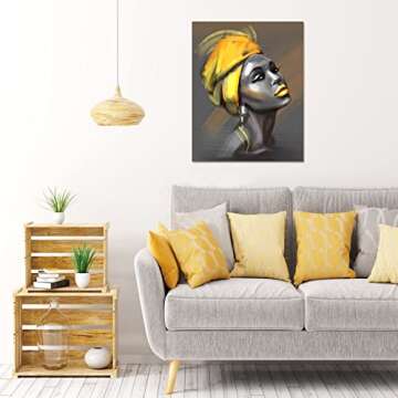 LB Framed African American Women Canvas Wall Art Black Woman Yellow Hair Beauty Abstract Painting Canvas Prints Living Room Bedroom Bathroom Home Decoration Ready to Hang,12x16 inch
