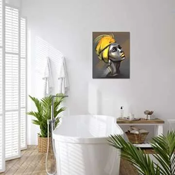 LB Framed African American Women Canvas Wall Art Black Woman Yellow Hair Beauty Abstract Painting Canvas Prints Living Room Bedroom Bathroom Home Decoration Ready to Hang,12x16 inch