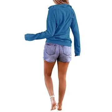 Floral Find Women's Long Sleeve Lapel Half Zip Up Sweatshirt Solid Stylish Loose Fit Casual Pullover Tops (Blue, Large)