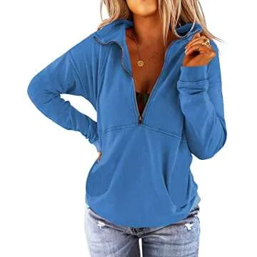 Floral Find Women's Long Sleeve Lapel Half Zip Up Sweatshirt Solid Stylish Loose Fit Casual Pullover Tops (Blue, Large)