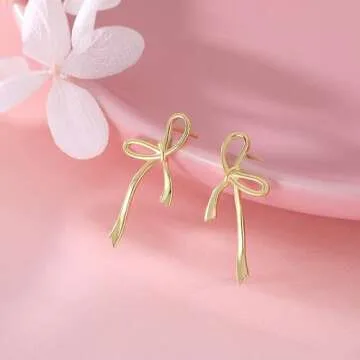 Reffeer Solid 925 Sterling Silver Bow Stud Earrings Ribbon for Women Teen Girls Bowknot Stud Earrings Drops (B-18K Gold)