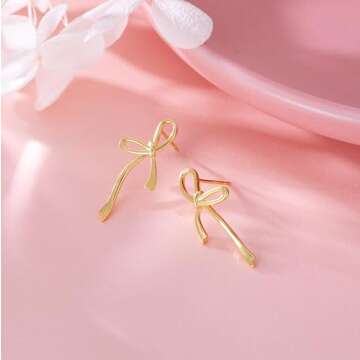 Reffeer Solid 925 Sterling Silver Bow Stud Earrings Ribbon for Women Teen Girls Bowknot Stud Earrings Drops (B-18K Gold)