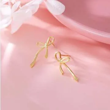 Reffeer Solid 925 Sterling Silver Bow Stud Earrings Ribbon for Women Teen Girls Bowknot Stud Earrings Drops (B-18K Gold)