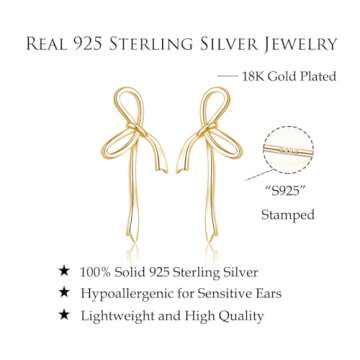 Reffeer Solid 925 Sterling Silver Bow Stud Earrings Ribbon for Women Teen Girls Bowknot Stud Earrings Drops (B-18K Gold)