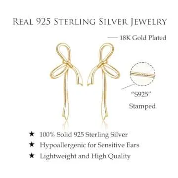 Reffeer Solid 925 Sterling Silver Bow Stud Earrings Ribbon for Women Teen Girls Bowknot Stud Earrings Drops (B-18K Gold)