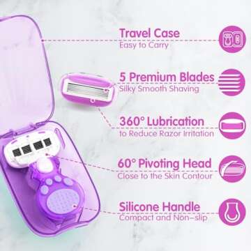 DreamGenius Travel Razors for Women Include 1 Handle and 2 Cartridges, Extra Smooth 5-Blade Travel Essentials Razor with Case for Shaving, Purple