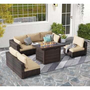 7 Piece Patio Furniture Set with Fire Pit Table, Rattan Outdoor Sectional Patio Conversation Sets wi...