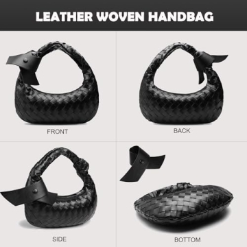 Leather Woven Bag for Women, Woven Knot Clutch Bag, Dumpling Bag Hobo Bag, Vegan Leather Top Handle Bag, Leather Purse Tote Handbag, Evening Bag, Braided Bag, Black