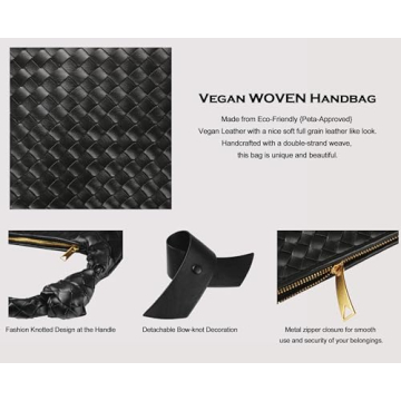 Leather Woven Bag for Women, Woven Knot Clutch Bag, Dumpling Bag Hobo Bag, Vegan Leather Top Handle Bag, Leather Purse Tote Handbag, Evening Bag, Braided Bag, Black