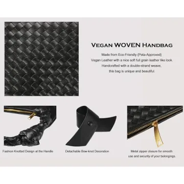 Leather Woven Bag for Women, Woven Knot Clutch Bag, Dumpling Bag Hobo Bag, Vegan Leather Top Handle Bag, Leather Purse Tote Handbag, Evening Bag, Braided Bag, Black