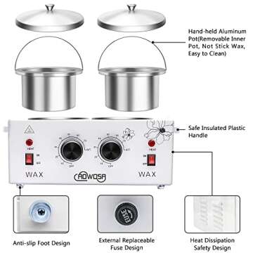 Double Wax Warmer Professional Electric Wax Heater Machine for Hair Removal, Dual Wax Pot Paraffin Facial Skin Body SPA Salon Equipment with Adjustable Temperature Set
