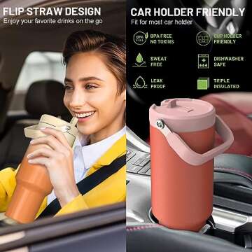 Cafezi 40 oz Tumbler with Lid and Straw, Stainless Steel Vacuum Insulated Tumblers with Flip Straw and Top Handle, Reusable Insulated Water Bottle for Home, Office, Leakproof, Fit in Cup Holder