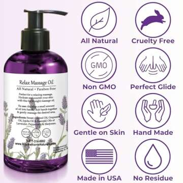 Relax Therapeutic Body Massage Oil - with Best Essential Oils for Sore Muscles & Stiffness – Lavender, Peppermint & Marjoram - All Natural - with Sweet Almond, Grapeseed & Jojoba Oil 8oz