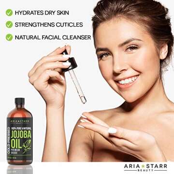 Aria Starr Jojoba Oil (4oz) - 100% Pure All Natural For Face, Hair Oil, Beard Oil, Hair Moisturizer, Dry Scalp Treatment - Excellent Carrier Oil For Aromatherapy Essential Oils