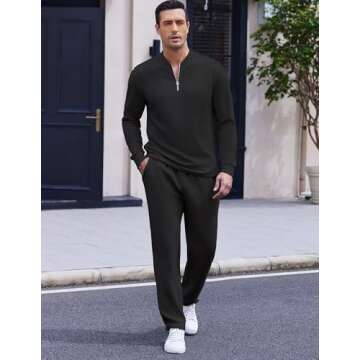 COOFANDY Men's 2 Piece Tracksuit Set Polo Athletic Quarter Zip Sweatsuit Long Sleeve Casual Sports W...