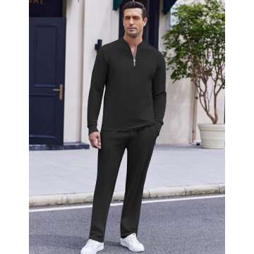 COOFANDY Men's 2 Piece Tracksuit Set Polo Athletic Quarter Zip Sweatsuit Long Sleeve Casual Sports Workout Jogging Black