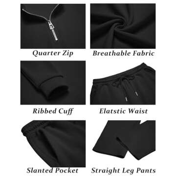 COOFANDY Men's 2 Piece Tracksuit Set Polo Athletic Quarter Zip Sweatsuit Long Sleeve Casual Sports Workout Jogging Black