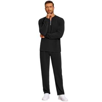 COOFANDY Men's 2 Piece Tracksuit Set Polo Athletic Quarter Zip Sweatsuit Long Sleeve Casual Sports Workout Jogging Black