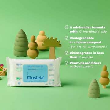 Mustela Baby Home Compostable Cleansing Wipes - Fragrance Free - Natural Avocado - For Face, Body & Diaper Area - 99% ingredients of natural origin & plant-based fibers - For all skin types - 60 ct.