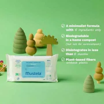 Mustela Baby Home Compostable Cleansing Wipes - Fragrance Free - Natural Avocado - For Face, Body & Diaper Area - 99% ingredients of natural origin & plant-based fibers - For all skin types - 60 ct.