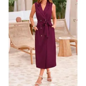 BTFBM Women's Summer Dresses 2024 Work Office Lapel V Neck Sleeveless High Waist Double Breasted Blazer Dress with Belt(Solid Wine Red, X-Large)