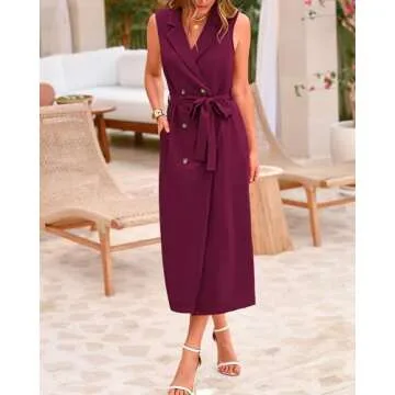 BTFBM Women's Summer Dresses 2024 Work Office Lapel V Neck Sleeveless High Waist Double Breasted Blazer Dress with Belt(Solid Wine Red, X-Large)