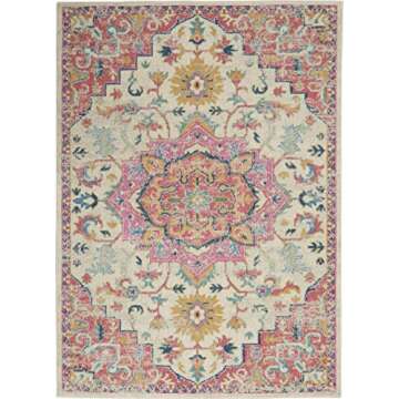 Nourison Passion Ivory/Pink 5'3" x 7'3" Area Rug, Boho, Moroccan, Bed Room, Living Room, Dining Room, Kitchen, Easy Cleaning, Non Shedding, (5' x 7')