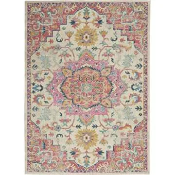 Nourison Passion Ivory/Pink 5'3" x 7'3" Area Rug, Boho, Moroccan, Bed Room, Living Room, Dining Room, Kitchen, Easy Cleaning, Non Shedding, (5' x 7')
