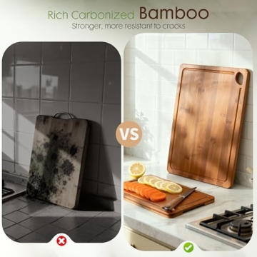 Astercook Deep-Carbonized Bamboo Cutting Boards Set with Stand and Juice Grooves for Kitchen