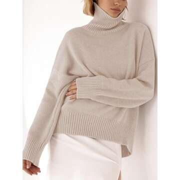 YKR Women's Turtleneck Sweater Chunky Long Sleeve Knitted Pullover High Low Hem Sweater 2024 Fall Winter Sweater Jumper Top Lightbeige M