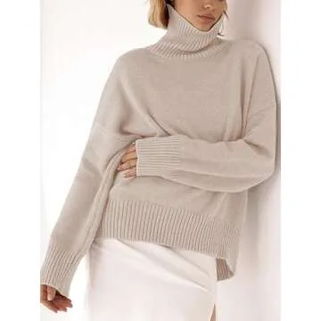 YKR Women's Turtleneck Sweater Chunky Long Sleeve Knitted Pullover High Low Hem Sweater 2024 Fall Winter Sweater Jumper Top Lightbeige M