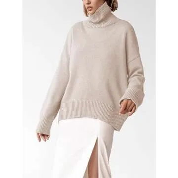 YKR Women's Turtleneck Sweater Chunky Long Sleeve Knitted Pullover High Low Hem Sweater 2024 Fall Winter Sweater Jumper Top Lightbeige M