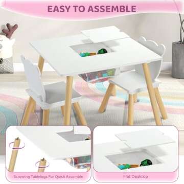 JOYMOR Kids Table and 2 Chairs Set with Storage & Removable Tabletop, Panda Ear Chairs, 3-in-1 Kids Activity Table for Craft, Playroom Toddler Table and Chair Set for Kids 2-5