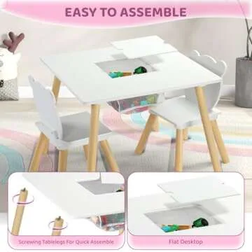 JOYMOR Kids Table and 2 Chairs Set with Storage & Removable Tabletop, Panda Ear Chairs, 3-in-1 Kids Activity Table for Craft, Playroom Toddler Table and Chair Set for Kids 2-5