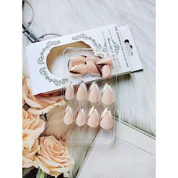 24Pcs Almond Press on Nails Medium Fake Nails White and Brown Diagonal French False Nails Press Ons Pink Glossy Full Cover Glue on Nails Acrylic Press on Nail Kit for Women Manicure