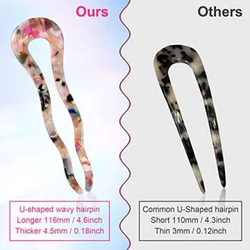 OIIKI 3pcs French U Shaped Hair Forks Pins Sticks for Buns Thick Long Hair, 4.5inch Large Wavy French Hair Pins, Tortoise Shell 2 Prong U-shape Hairpins Hair Accessories for Women Girls