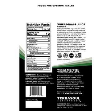 Terrasoul Superfoods Organic Wheat Grass Juice Powder, 5 Oz, Grown in Utah, Made from Nutrient Conce...